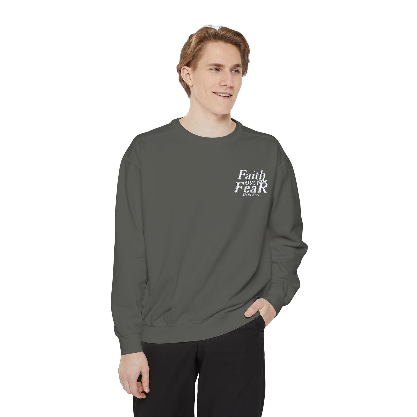 Embroidered Faith Over Fear Crewneck - Pepper