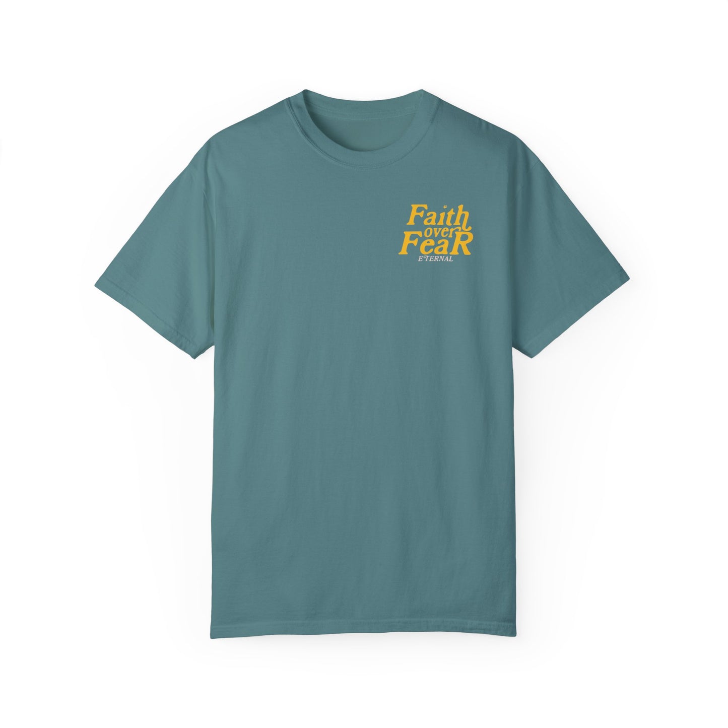 Faith Over Fear Tee - Yellow on Blue Spruce